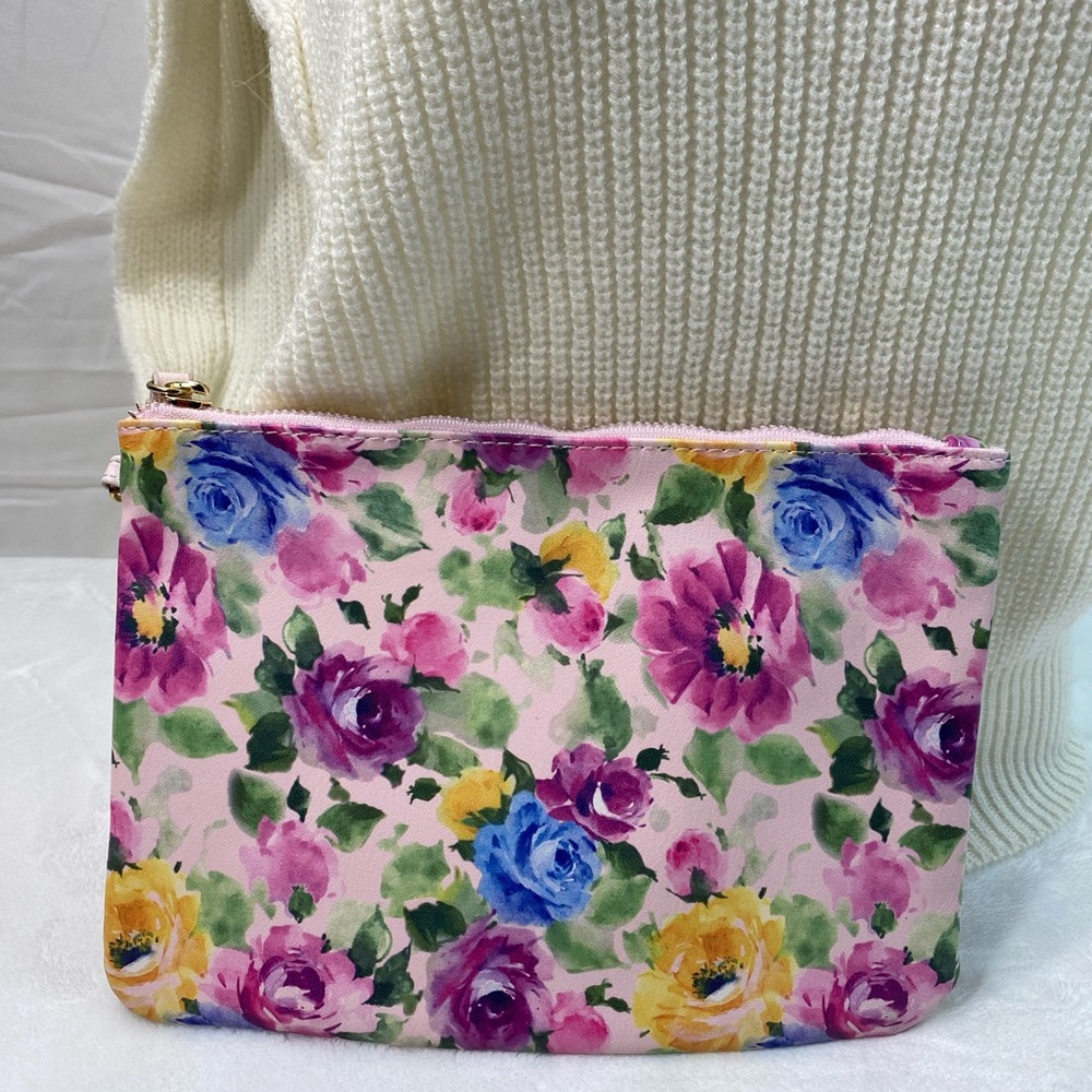 Pink and Blue Floral Cosmetic Bag with Zipper Closure